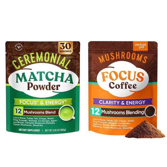 Venture Pal Ceremonial Grade Mushroom Matcha Powder + Mushroom Coffee - Focus, Energy & Digestion - Vegan