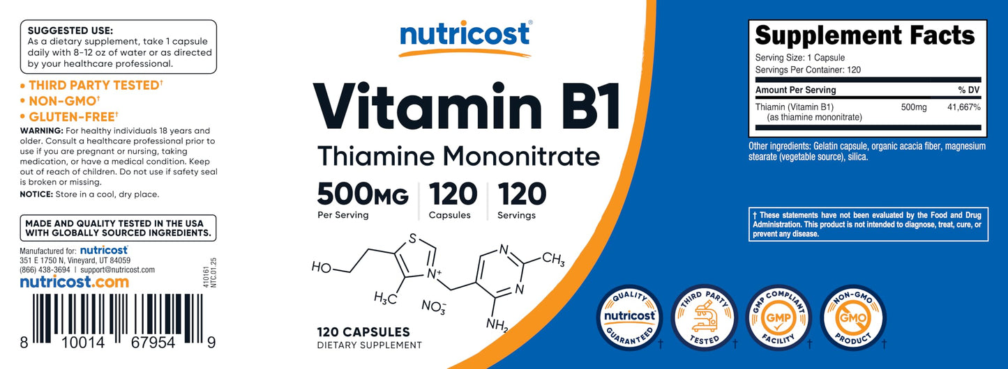 Nutricost Vitamin B1 (Thiamine) 500mg, 120 Capsules