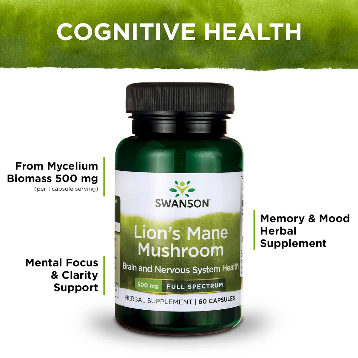 Swanson Lion's Mane Mushroom Capsules - 500 mg Each, 60 Capsules -