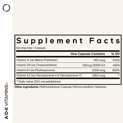 Codeage ADK Vitamins Supplement - Essential Vitamin A, D3 5000 IU, K1 & K2 (MK4 & MK7) - 6-Month Supply - 1 Capsule per Serving, Non-GMO, Gluten-Free - 180 Capsules