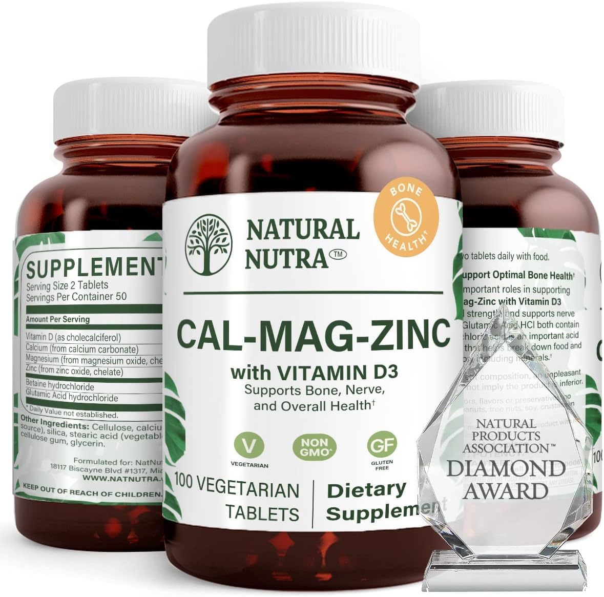 Natural Nutra Calcium Magnesium Zinc (Cal-Mag Zinc) with Vitamin D3,100 | Bone, Teeth, Muscle & Nerve Support, Gluten Free, Sugar Free