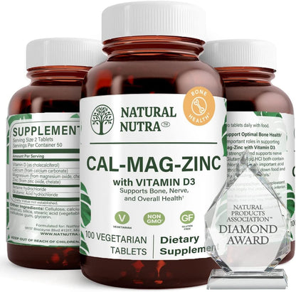 Natural Nutra Calcium Magnesium Zinc (Cal-Mag Zinc) with Vitamin D3,100 | Bone, Teeth, Muscle & Nerve Support, Gluten Free, Sugar Free