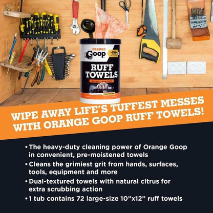 GOOP Orange Heavy Duty Ruff Towels with Scrubbing Power, 10” x 12” Dual Textured Multi-Purpose Cleaning Wipes, Removes Dirt, Grease, Oil, 72 Count