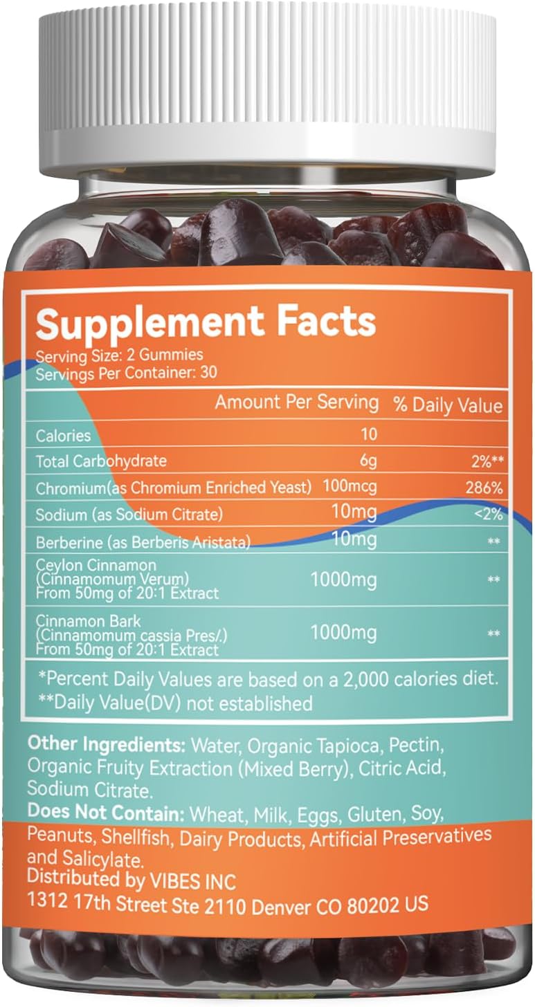 Sugar Free Ceylon Cinnamon Gummies 2000MG, Cinnamon Supplement with Chromium and Cinnamon Bark, Vegan, Non-GMO, Gluten Free, 60 Gummies