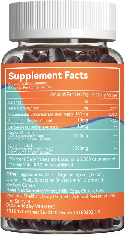 Sugar Free Ceylon Cinnamon Gummies 2000MG, Cinnamon Supplement with Chromium and Cinnamon Bark, Vegan, Non-GMO, Gluten Free, 60 Gummies