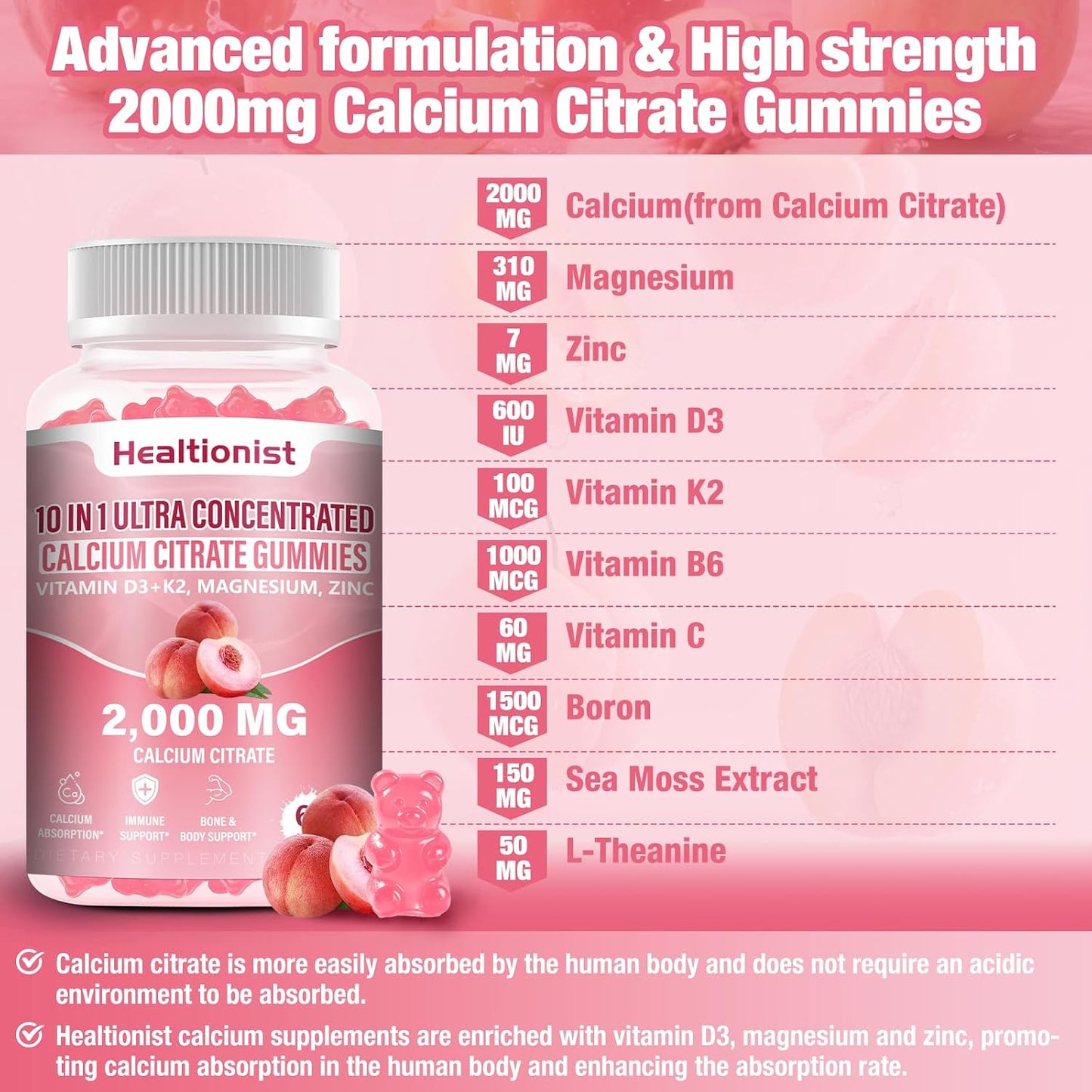 2 Packs 2000mg Calcium Citrate with Vitamin D3 K2 Supplements Gummies for Women & Men, Magnesium, Zinc, High Absorption, Bone, Muscle & Immune Support, 120 Counts Peach Flavor Gummies