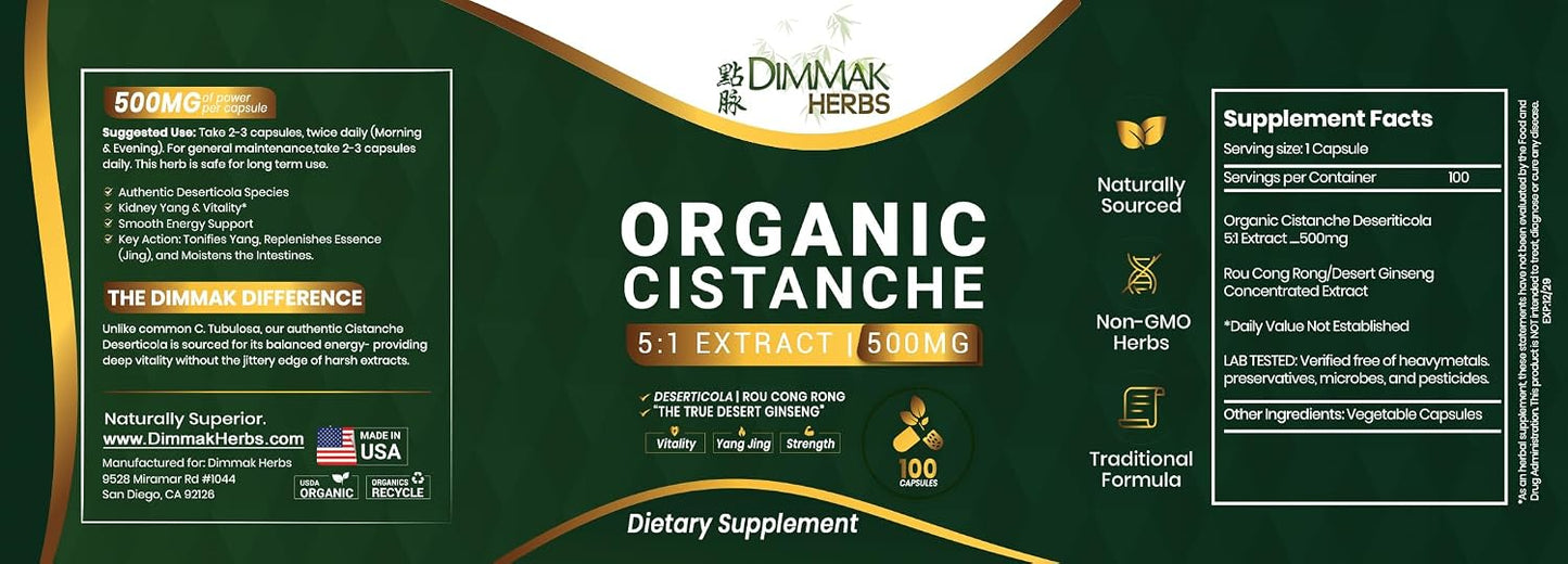Organic Cistanche Deserticola Capsules- True Rou Cong Rong 5:1 Extract (Not Tubulosa)- High Potency Jing Tonic for Energy, Vitality, & Adrenal Support- Non-GMO, Vegan, 500mg
