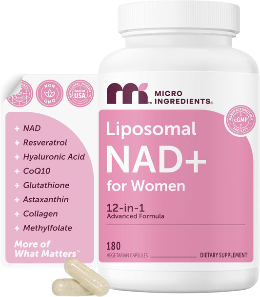 Micro Ingredients Liposomal NAD+ for Women Complex, 180 Veggie Capsules | NMN Pathway Supplement | 12-in-1 Advanced NAD Formula with Resveratrol, Hyaluronic Acid, Glutathione, & Collagen