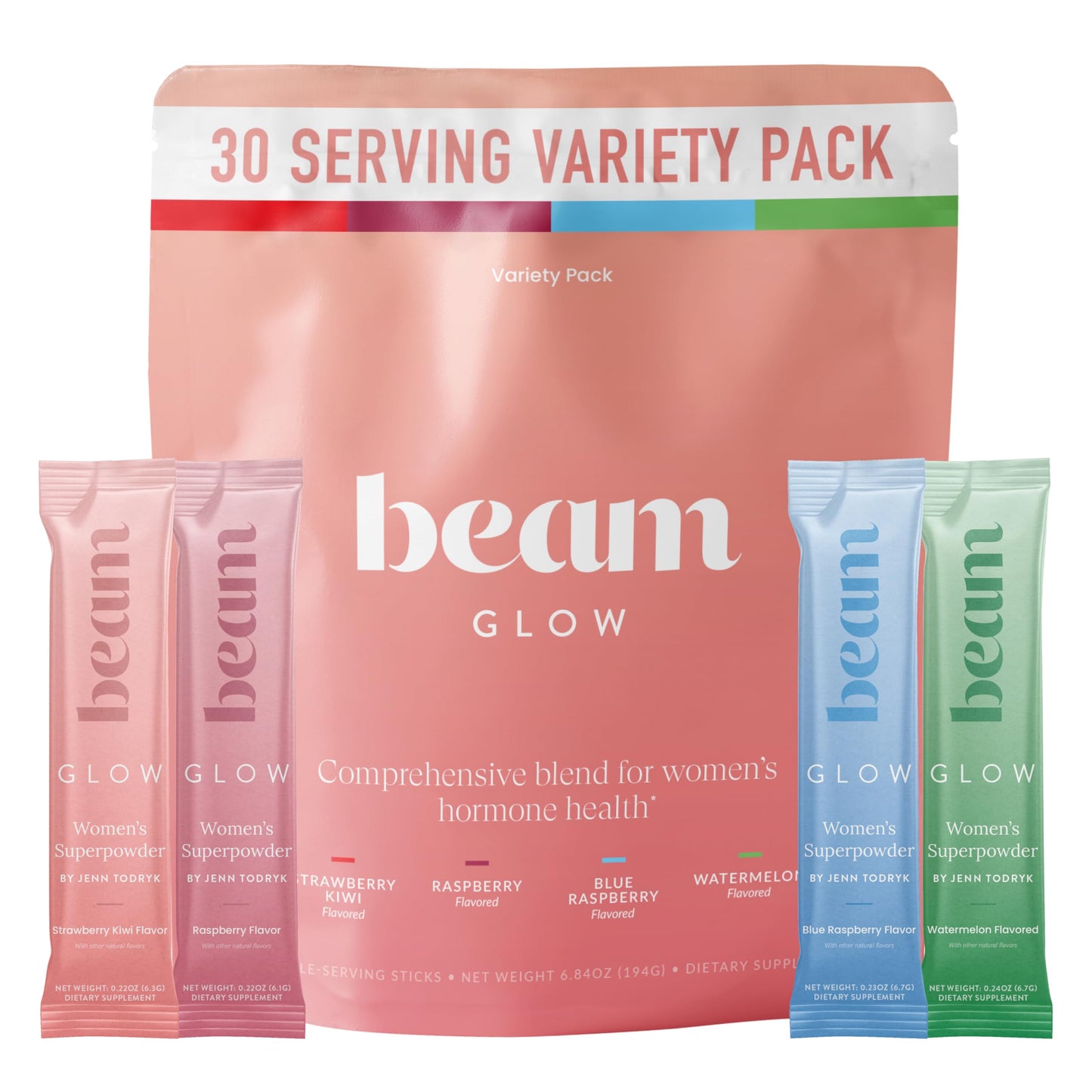 BEAM Glow Hormone Support & Cortisol Supplement for Women - Daily Vitamins for Women with Ashwagandha, Selenium, Zinc, Vitamin A, Biotin for Cycle Health, Mood & Energy, Strawberry Kiwi, 15 Servings