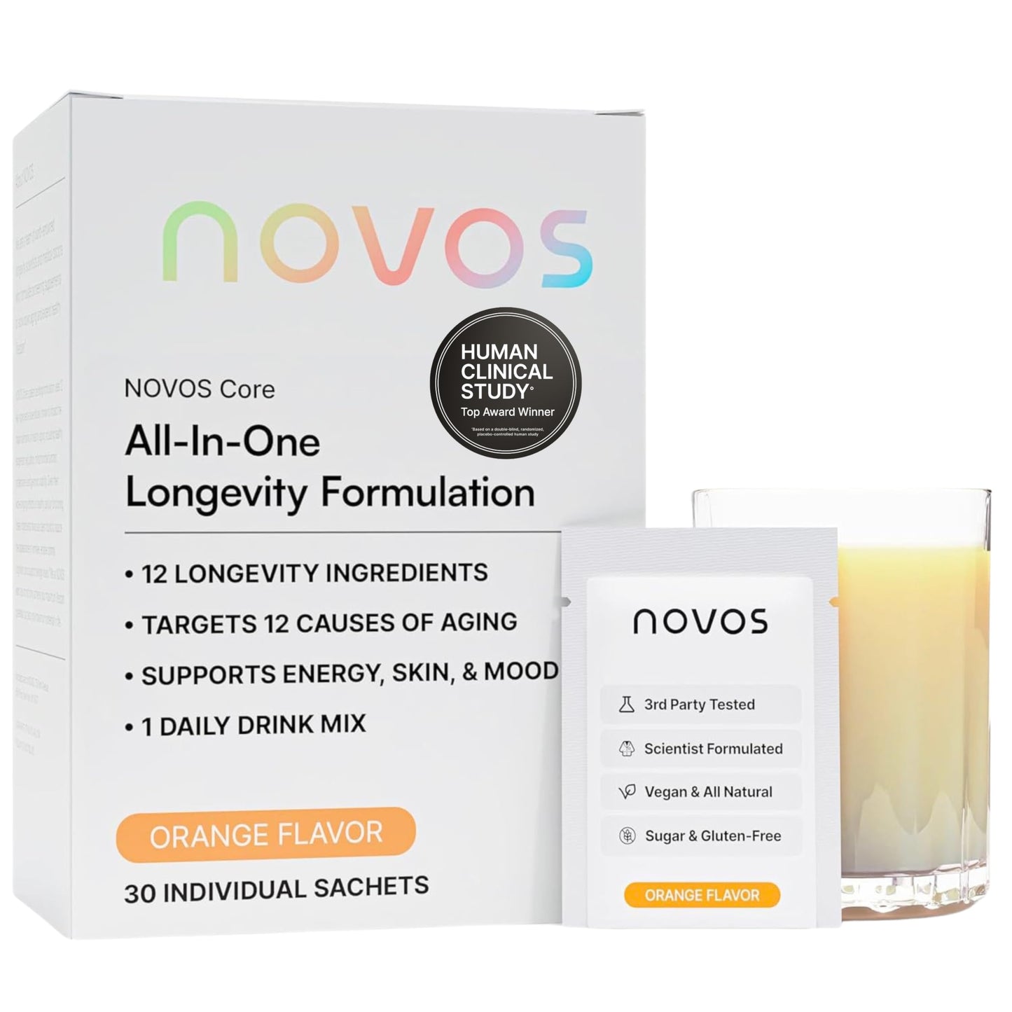 Novos Core - Clinically Studied Daily Longevity Supplement | 12 Active Ingredients for Healthy Aging, Energy, Cognition & Skin Health | Human Clinical Trial Backed | Orange Flavored | 30 Servings