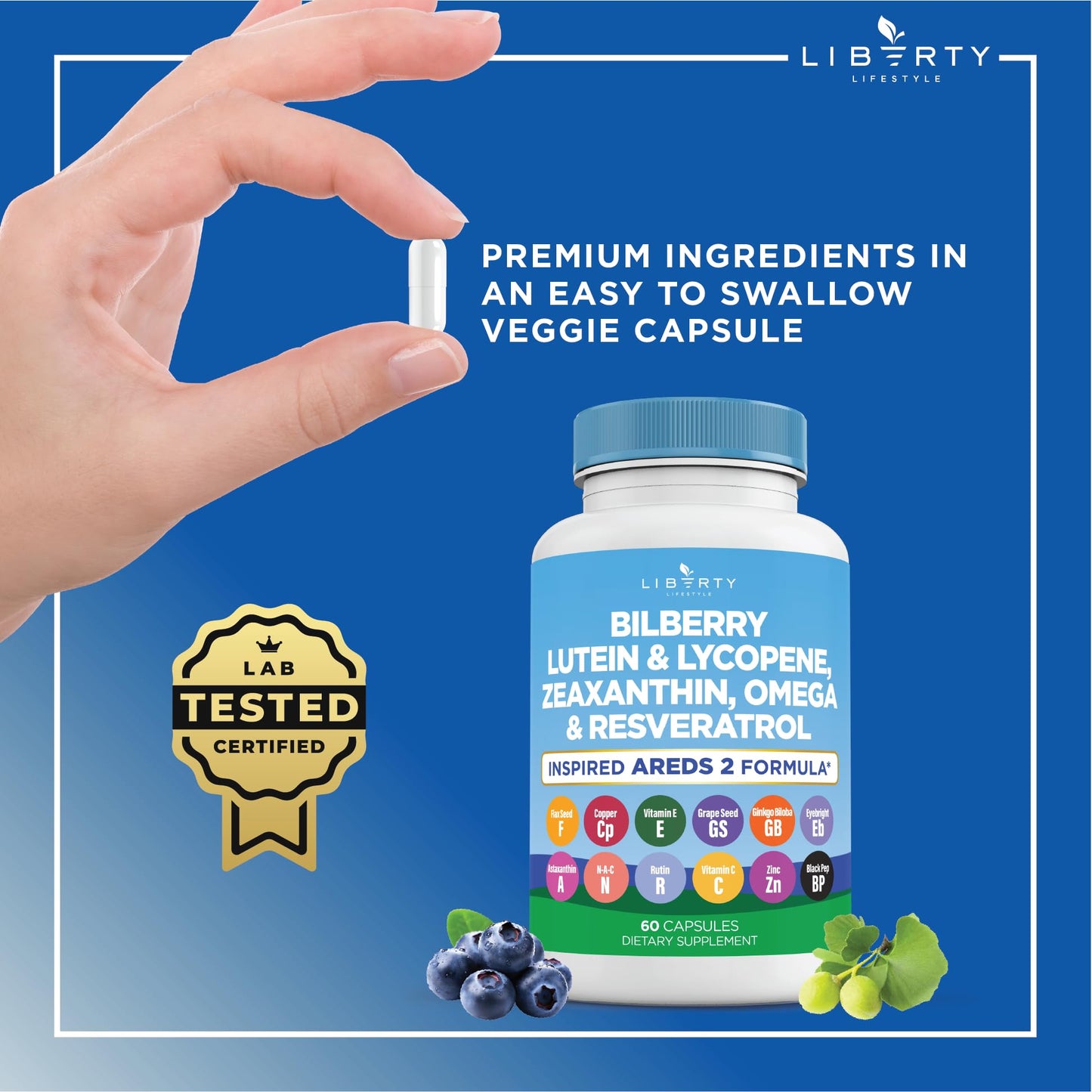 Liberty Lifestyle Eye Health Vitamins with Bilberry, Lutein & Zeaxanthin, Lycopene, Resveratrol, Grape Seed Extract Flaxseed Astaxanthin- AREDS 2-180 Capsules