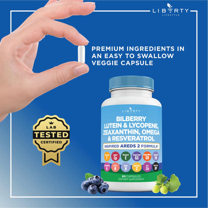 Liberty Lifestyle Eye Health Vitamins with Bilberry, Lutein & Zeaxanthin, Lycopene, Resveratrol, Grape Seed Extract Flaxseed Astaxanthin- AREDS 2-180 Capsules