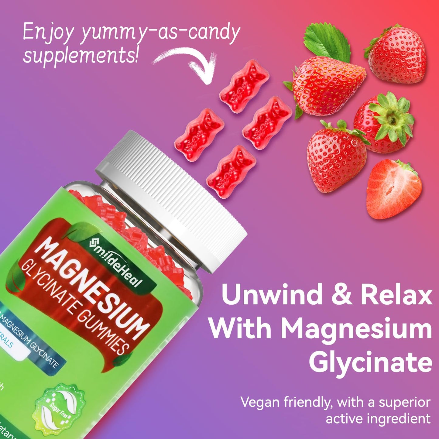 Magnesium Glycinate Gummies 600mg for Women & Men, with Magnesium L-Threonate 300mg, CoQ10 and Black Pepper, Vegan (60 Count)