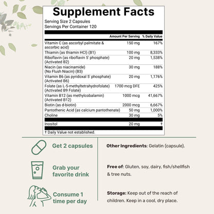 Micro Ingredients Pure Methylated B Complex, 240 Capsules | 11-in-1 Formula with Methylfolate, B12, Thiamin, Inositol, Choline, & Fat Soluble Vitamin C | Clean Ingredients Without Fillers | Non-GMO