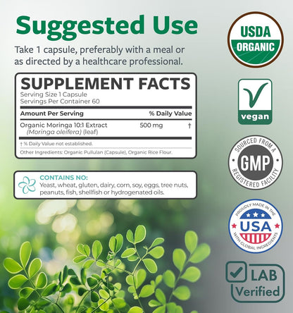 USDA Organic Moringa Capsules - High Potency Organic Moringa 500mg Extract 10:1 Per 1 Capsule Serving - Nutrient Dense Green Superfood Antioxidant - Vegan & Non-GMO Moringa (2 Month Supply)