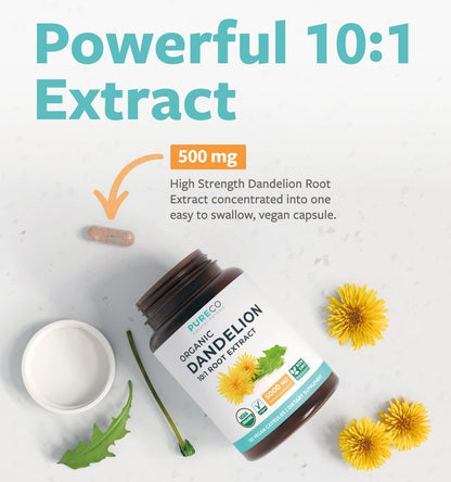 USDA Organic Dandelion Root Extract - High Potency 10:1 Dandelion Root Supplement with 5000mg Herbal Equivalent Strength for Liver Cleanse Detox & Repair Support - Vegan & Non-GMO (2 Month Supply)