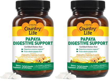 Country Life Papaya Digestive Support, 500 Chewable Wafers | Natural pineapple & papaya Flavor. Assists nutrient absorption, contains papain & protease