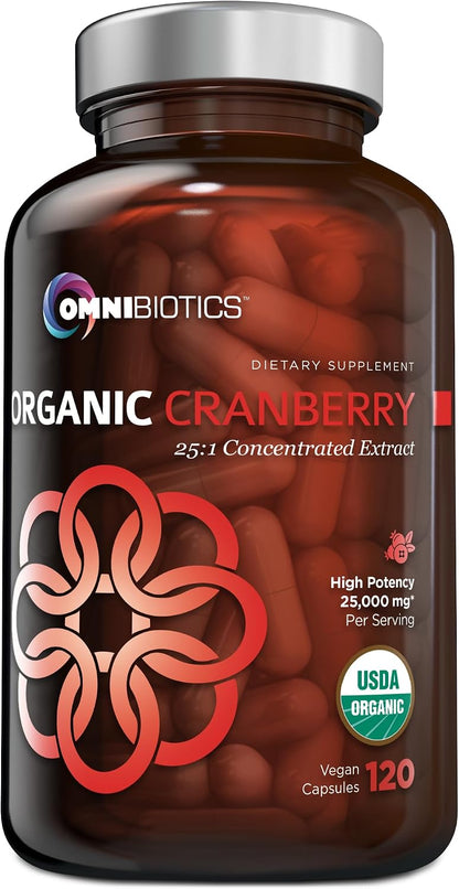 OmniBiotics USDA Organic Cranberry Pills for Women - High Potency 25,000 mg Supplement with 25:1 Fruit Extract - Daily Urinary Tract Support - 120 Vegan Capsules