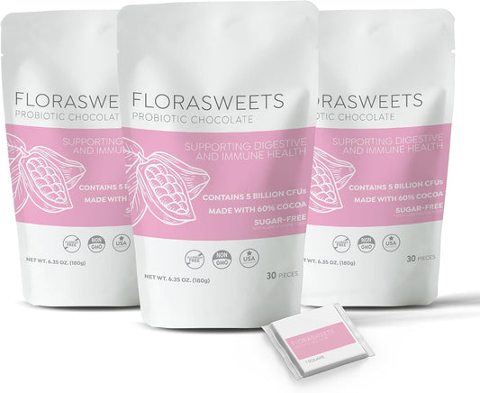 Florasweets Probiotic Chocolates | Gut Health | Chocolate for Weight Management | Metabolism Support | Sugar-Free Chocolate 3-Pack (90 Squares)