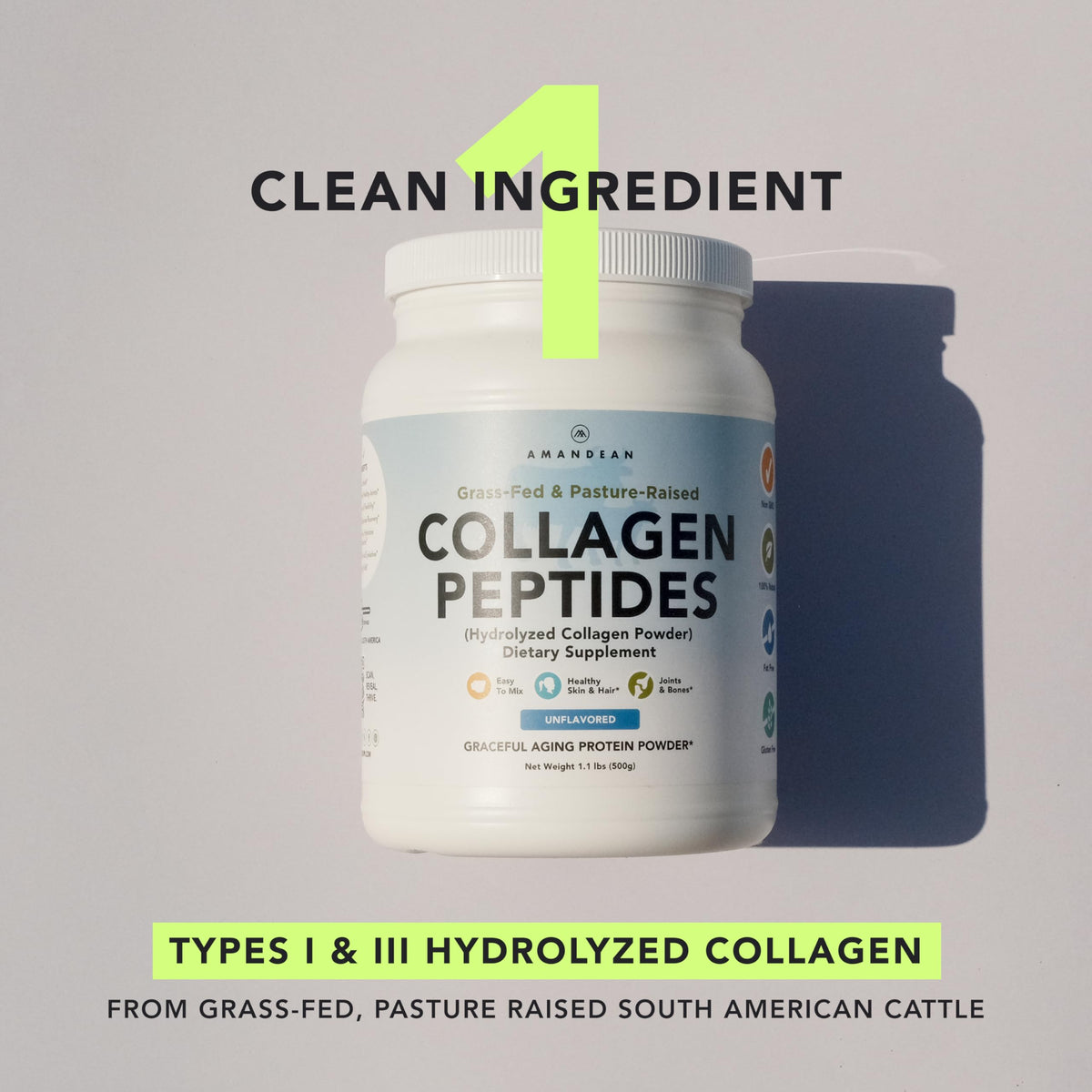 AMANDEAN Collagen Peptides Powder, Grass-Fed, Hydrolyzed, Type 1 & 3, 1kg
