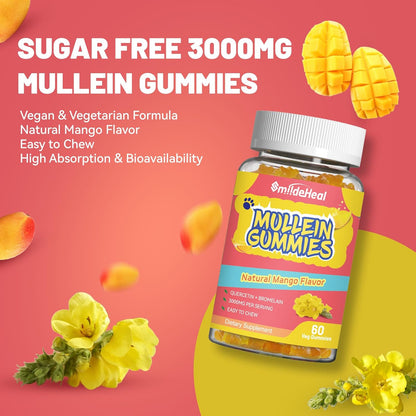 3000MG Mullein Gummies, Mullein Leaf Extract for Lungs, 60 Count | Sugar Free Mullein Gummies with Bromelain & Quercetin, Vegan