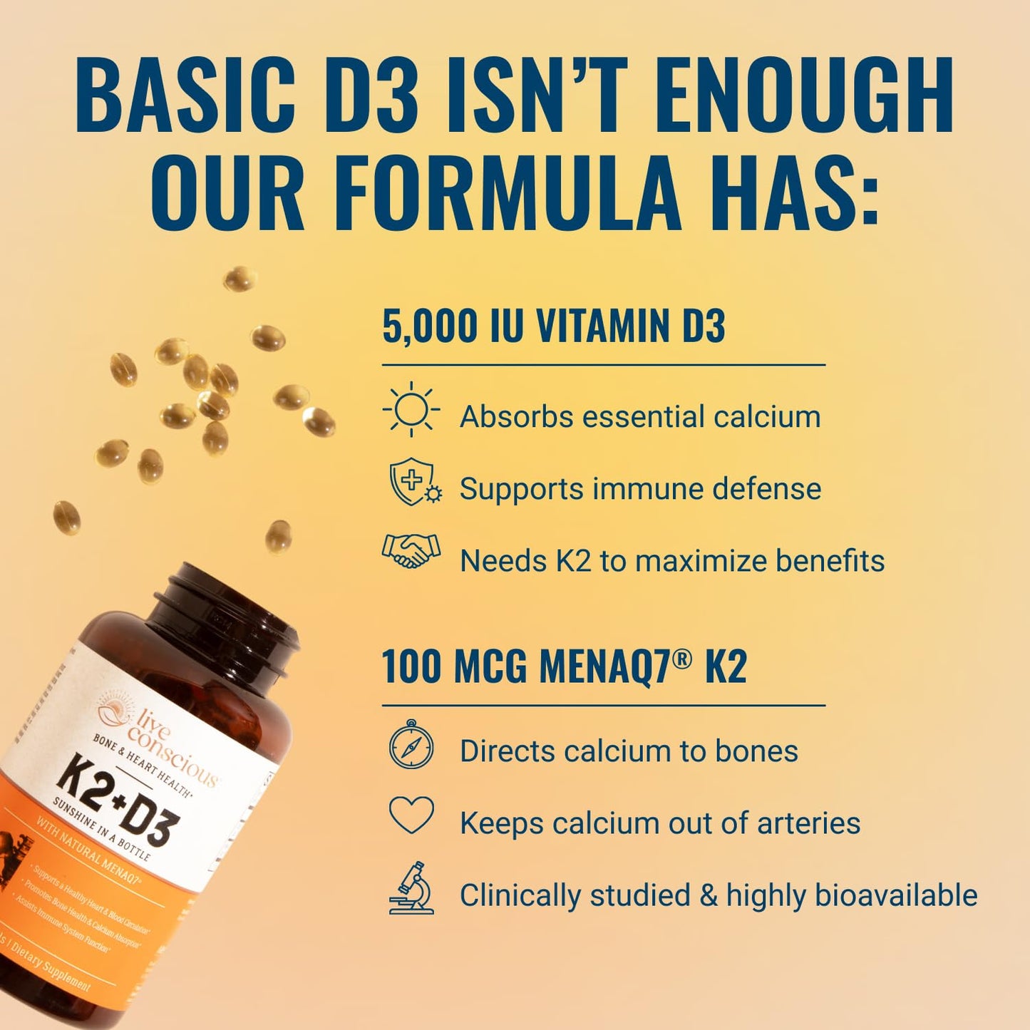 Live Conscious Vitamin K2 MK7 with D3 Supplement | Bone & Heart Health Support - Patented Vitamin K & Vitamin D3 5000 IU - 60 Softgels