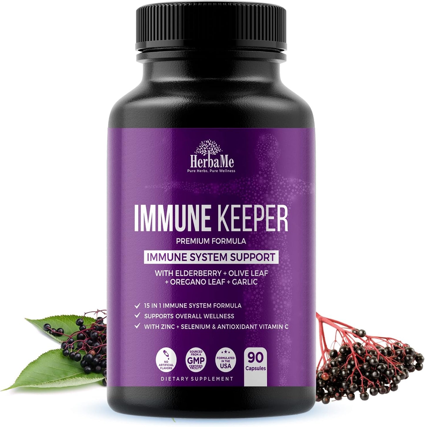 HerbaMe Immune Support Supplement, 15 in 1 Daily Wellness Formula with Elderberry, Quercetin, Zinc, Vitamin C & Selenium, Olive Leaf & Garlic for Men & Women, 90 Capsules