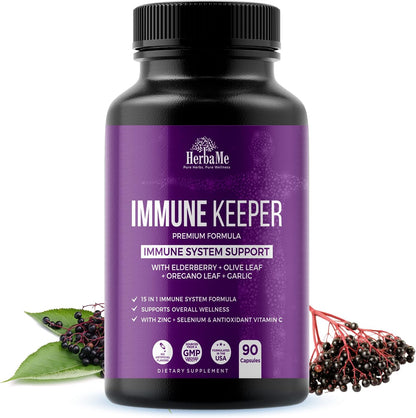 HerbaMe Immune Support Supplement, 15 in 1 Daily Wellness Formula with Elderberry, Quercetin, Zinc, Vitamin C & Selenium, Olive Leaf & Garlic for Men & Women, 90 Capsules