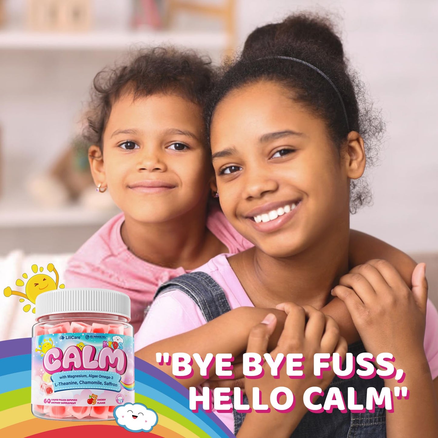 Kids Calm Magnesium Bisglycinate Saffron Gummies + Vegan Omega 3 - Magnesium Glycinate Chelated Supplement for Kids w/L-Theanine & Chamomile, Natural Calming Supplement Focus Gummies Sugar Free, 60ct