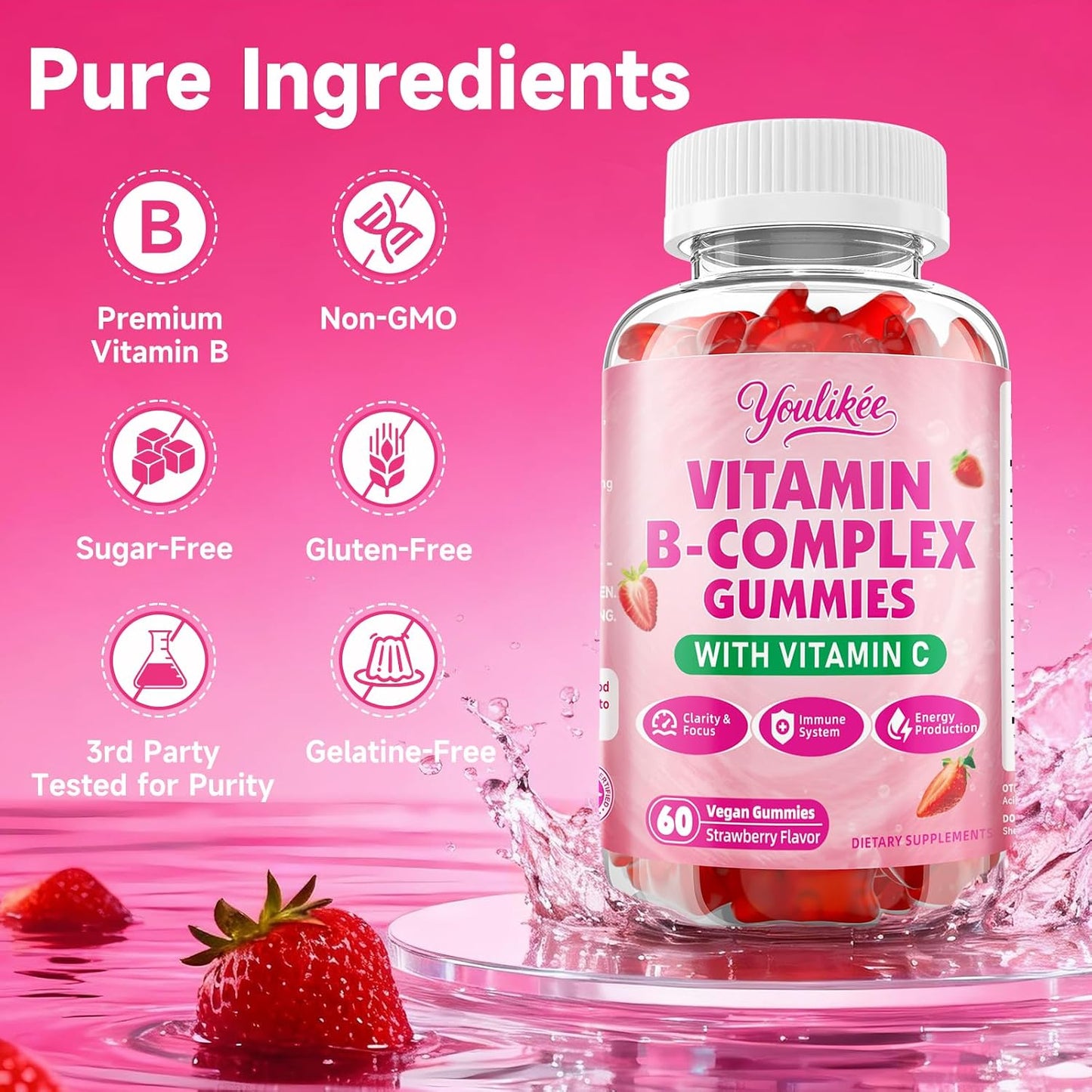 Vitamin B-Complex Gummies for Women & Men, Strawberry Flavor, 60 Count | Methyl B12, B1, B2, B3, B5, B6, B7 & B9 - Vitamin B Complex with Vitamin C for Energy, Brain & Immune Support