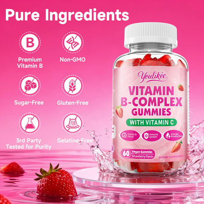 Vitamin B-Complex Gummies for Women & Men, Strawberry Flavor, 60 Count | Methyl B12, B1, B2, B3, B5, B6, B7 & B9 - Vitamin B Complex with Vitamin C for Energy, Brain & Immune Support