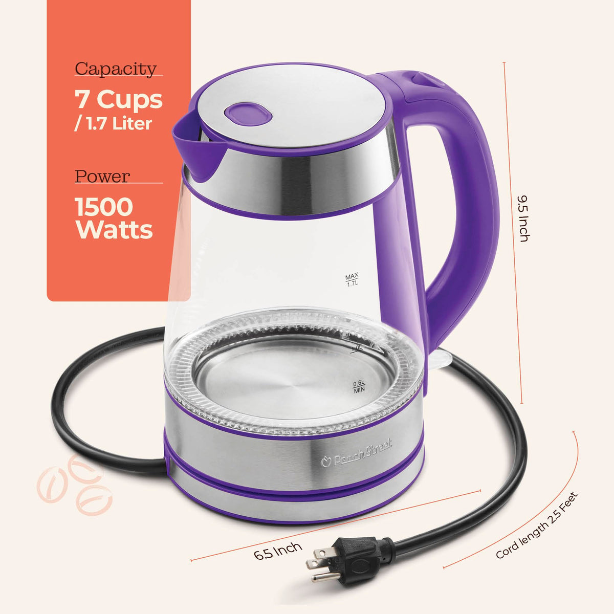 Speed-Boil Electric Kettle - 1.7L Water Boiler 1500W, Coffee & Tea Kettle Borosilicate Glass