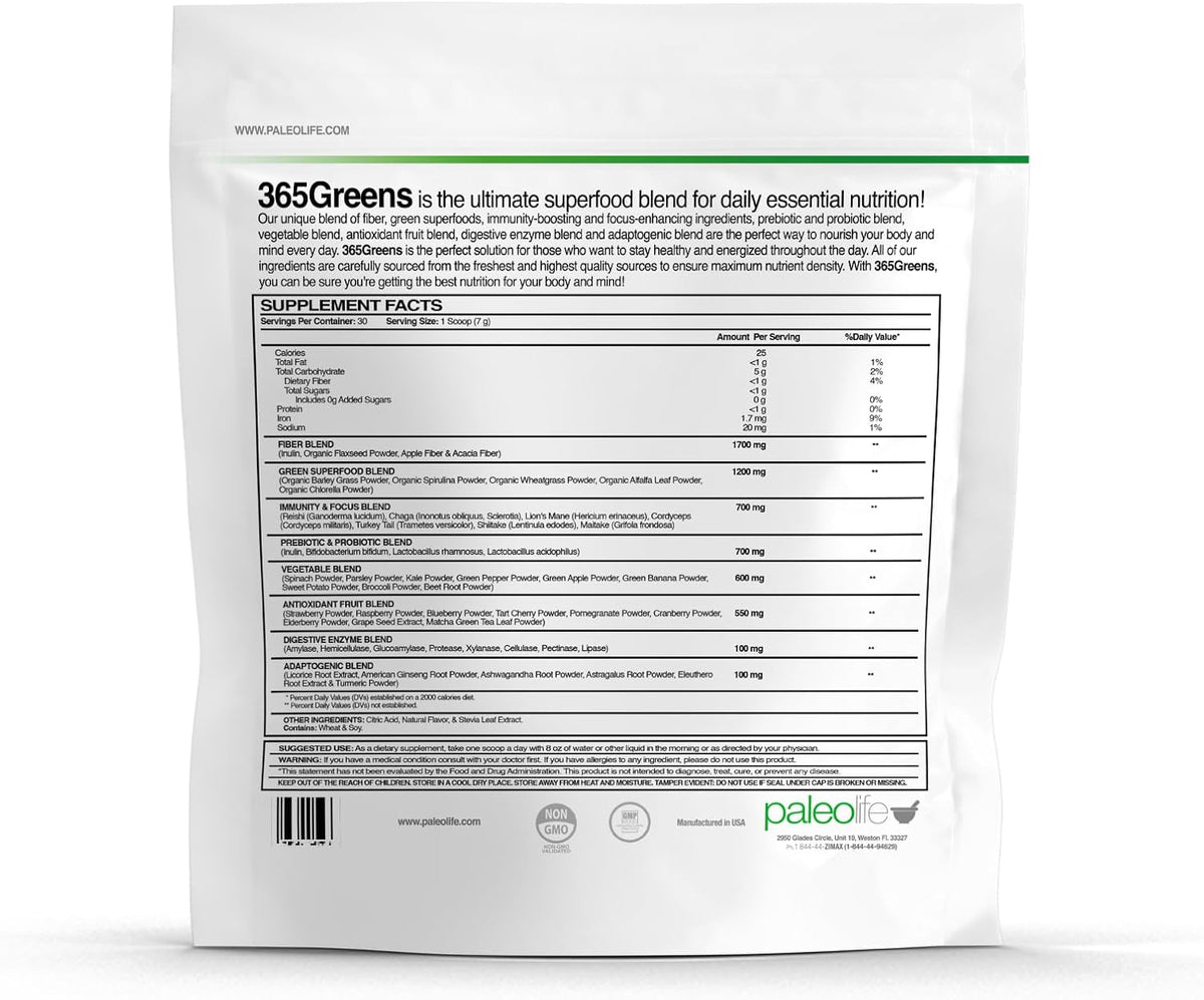 365Greens Daily Essential Premium Superfood with 75 Minerals, Vitamins, Vegetables, Fruits and adaptogens. Green 7.4 oz (2)