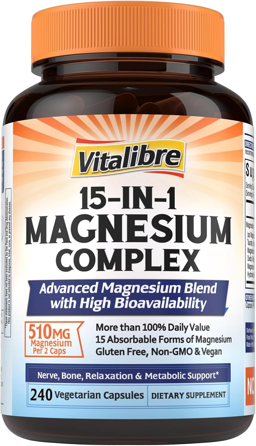 Vitalibre 15 in 1 Magnesium Complex for Women & Men 510mg, 240 Capsules | Maximum Absorption Glycinate, Malate, Taurate, Citrate and More for Bones, Heart, Recovery, Energy | Non-GMO