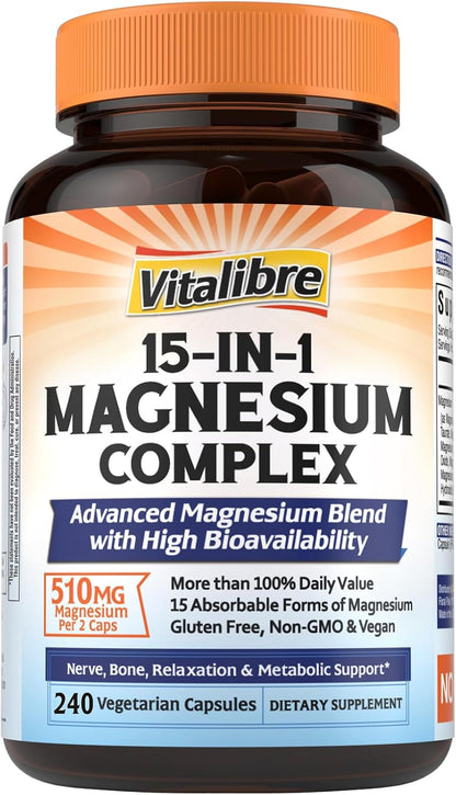 Vitalibre 15 in 1 Magnesium Complex for Women & Men 510mg, 240 Capsules | Maximum Absorption Glycinate, Malate, Taurate, Citrate and More for Bones, Heart, Recovery, Energy | Non-GMO