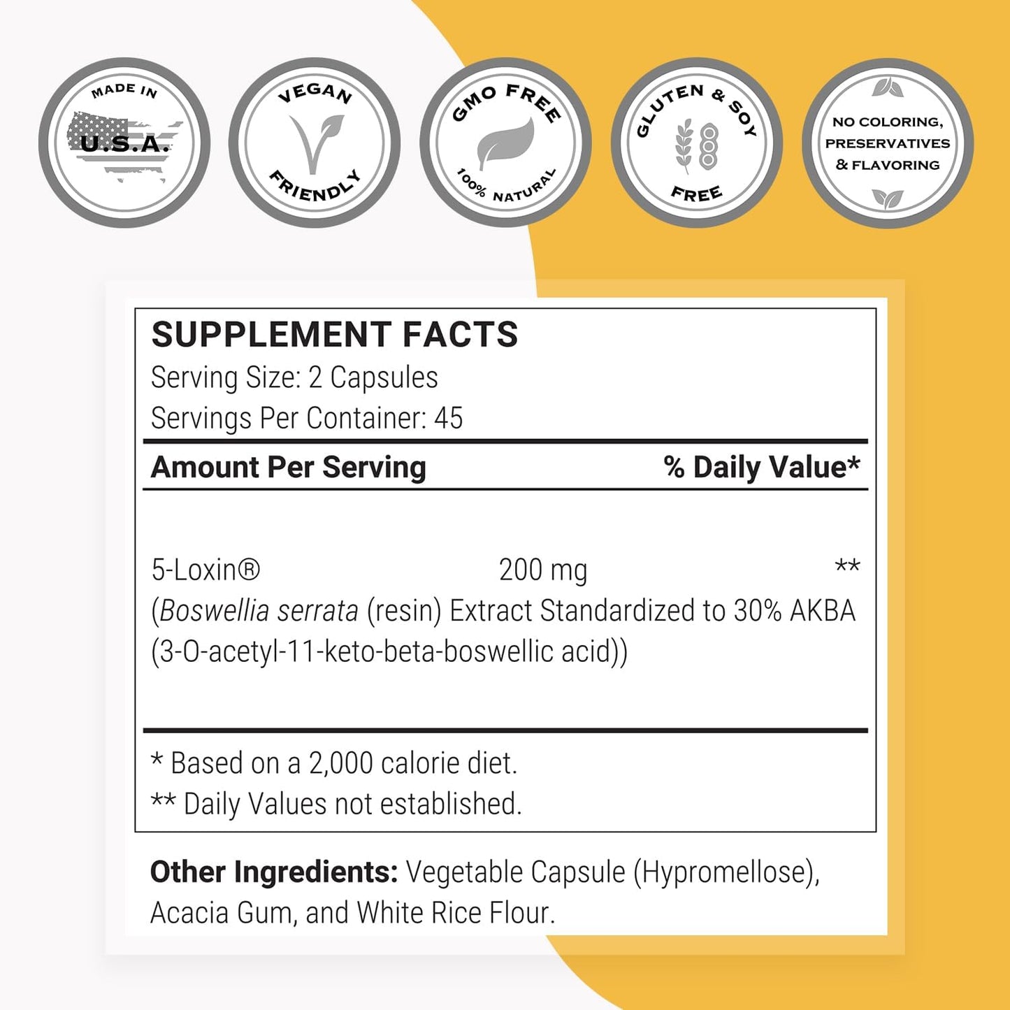 Supersmart - 5-Loxin 200mg per Day (Patented) - AKBA Supplement - 5-Loxin Boswellia Serrata Extract | Non-GMO & Gluten Free - 90 Vegetarian Capsules