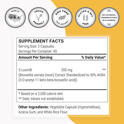 Supersmart - 5-Loxin 200mg per Day (Patented) - AKBA Supplement - 5-Loxin Boswellia Serrata Extract | Non-GMO & Gluten Free - 90 Vegetarian Capsules