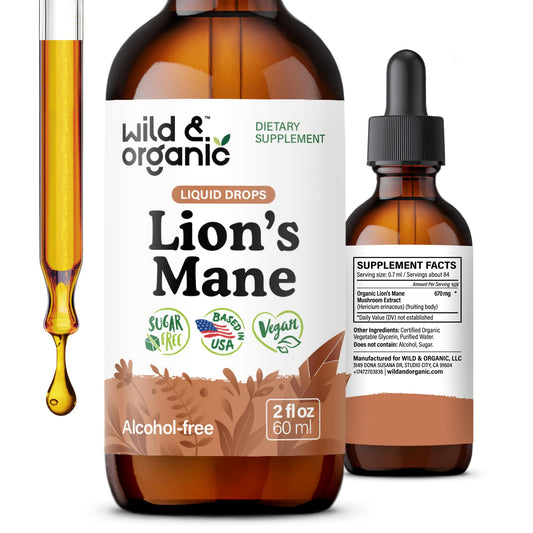Wild & Organic Lions Mane Liquid Drops - Brain & Focus Support - Lion's Mane Mushroom Supplement - Hericium Erinaceus Mushroom Drops - Mix with Powder - Sugar & Alcohol-Free Extract Tincture - 4 oz