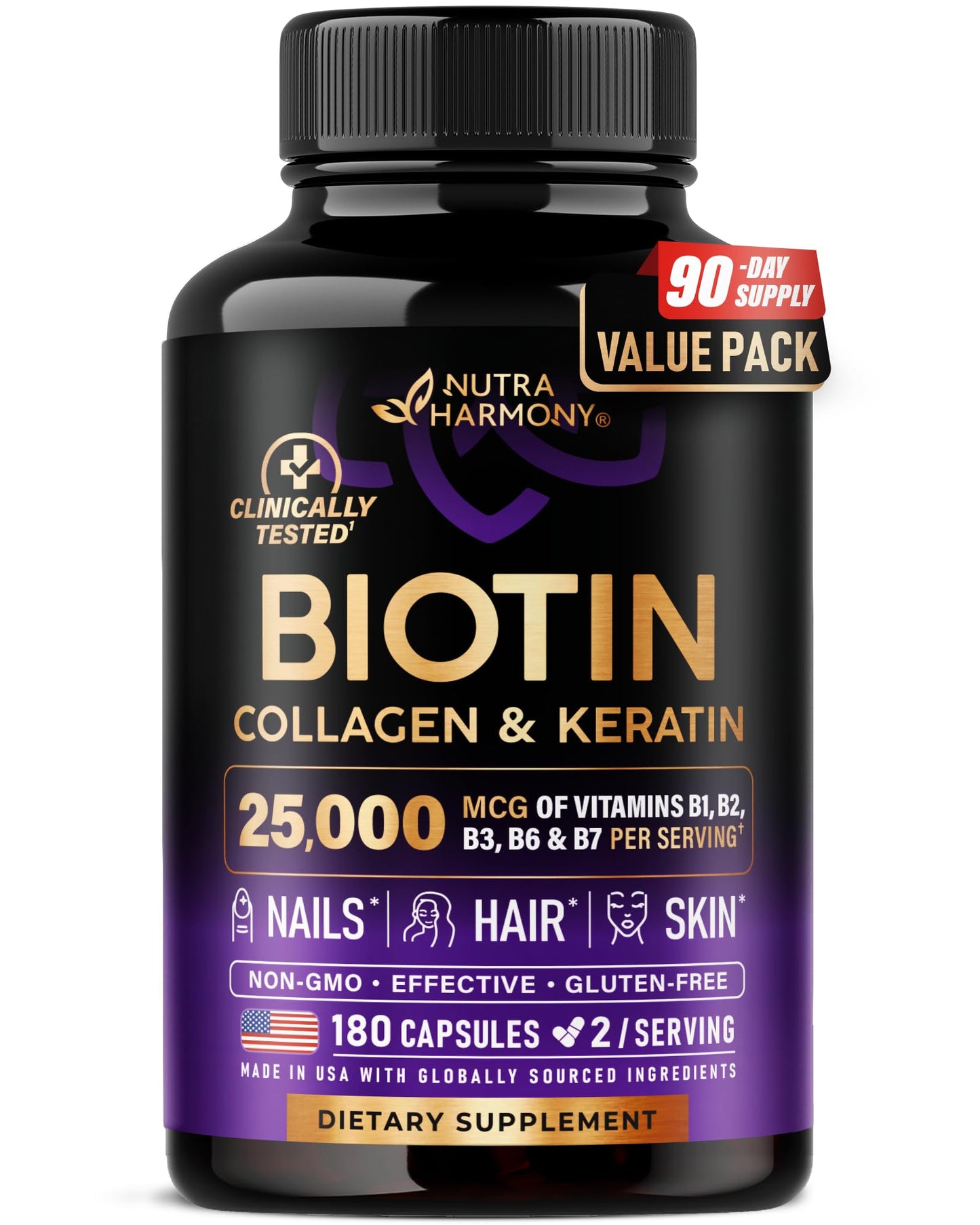 Biotin | Collagen | Hyaluronic Acid | Keratin - Hair Growth & Strength Support Vitamins - Skin & Nails Supplement - Clinically Tested for Men & Women - 25000mcg Vitamins B1, B2, B3, B6 & B7 - 60 Caps
