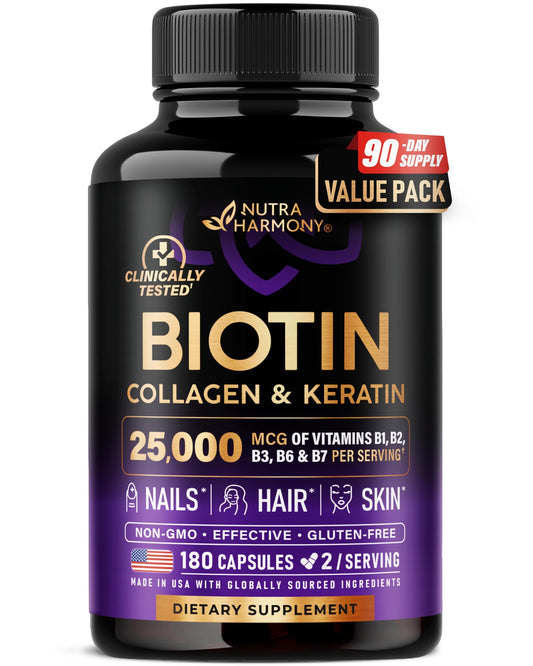 Biotin | Collagen | Hyaluronic Acid | Keratin - Hair Growth & Strength Support Vitamins - Skin & Nails Supplement - Clinically Tested for Men & Women - 25000mcg Vitamins B1, B2, B3, B6 & B7 - 60 Caps