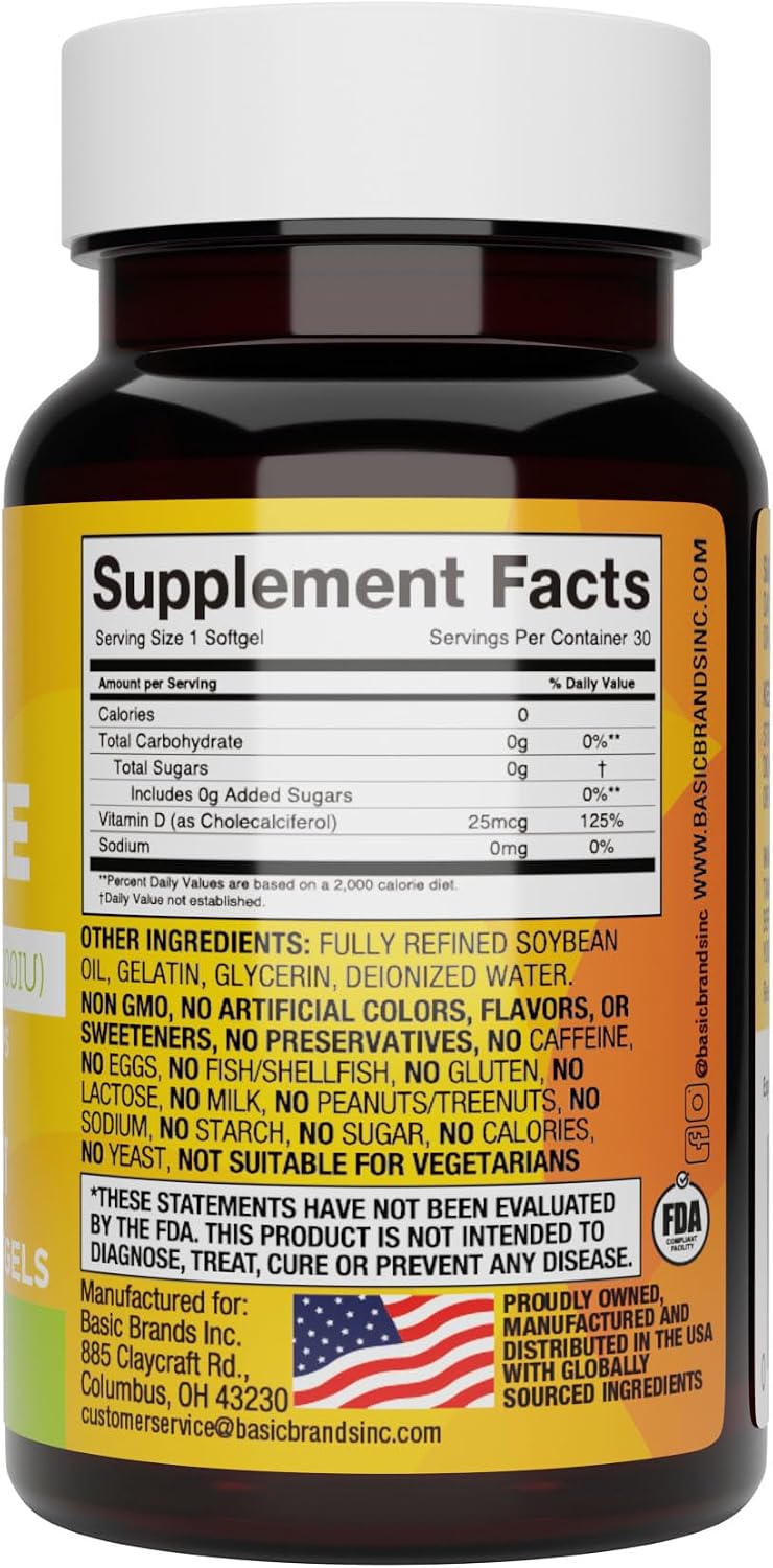 Basic Brands Happy Sunshine Vitamin D3 1000 IU | Immune & Bone Health, Muscle Function, Vitamin D3 25 mcg (1,000 IU), Gluten-Free, Non-GMO, 30 Softgels