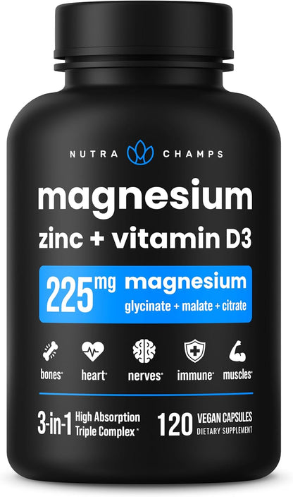 Magnesium Zinc & Vitamin D3 Supplement - Most Bioavailable Forms; Magnesium Glycinate, Malate, Citrate - Bone, Muscle & Heart Health, Immune Support - 120 Vegan Capsules