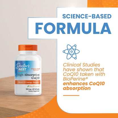 Doctor's Best High Absorption CoQ10 with BioPerine Supplement - Coenzyme Q10 Softgels for Heart Health & Antioxidant Support, Naturally Fermented CoQ10 100mg for Women & Men, Non GMO - 120 Softgels