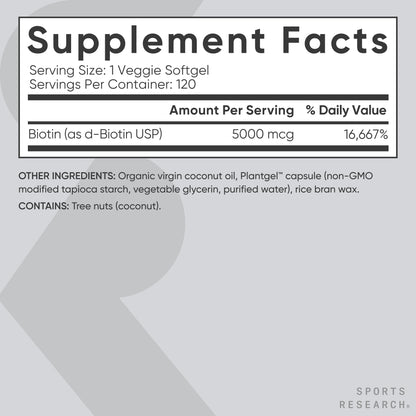 Sports Research® Biotin 10,000mcg with Organic Coconut Oil - Biotin (Vitamin B7) for Healthy Skin and Hair Support* - for Women and Men - Vegan, Non-GMO, Gluten & Soy-Free - 120 Veggie Softgels