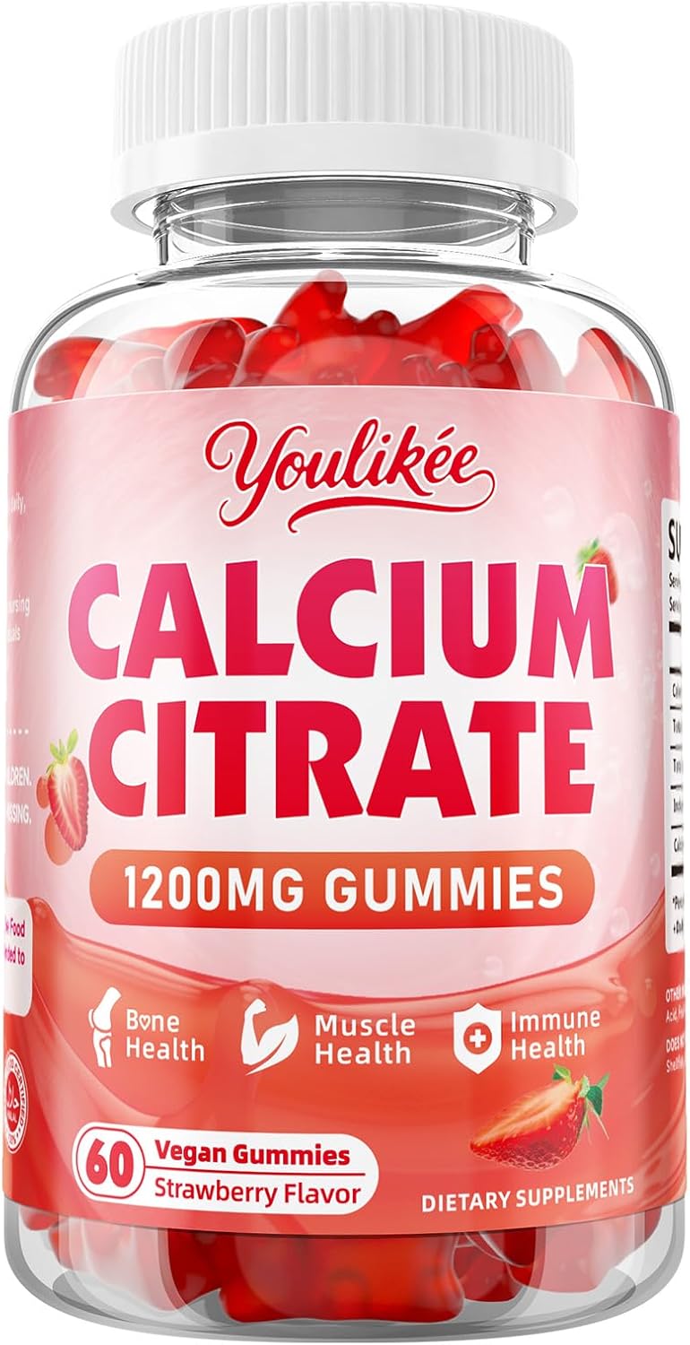 Calcium Citrate Gummies 1200 mg, Calcium Supplement for Women & Men | Ultimate Absorption Calcium Gummies for Muscle & Immune Support, Strawberry Flavor, 60 Count