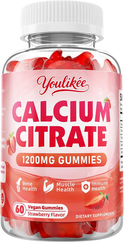 Calcium Citrate Gummies 1200 mg, Calcium Supplement for Women & Men | Ultimate Absorption Calcium Gummies for Muscle & Immune Support, Strawberry Flavor, 60 Count