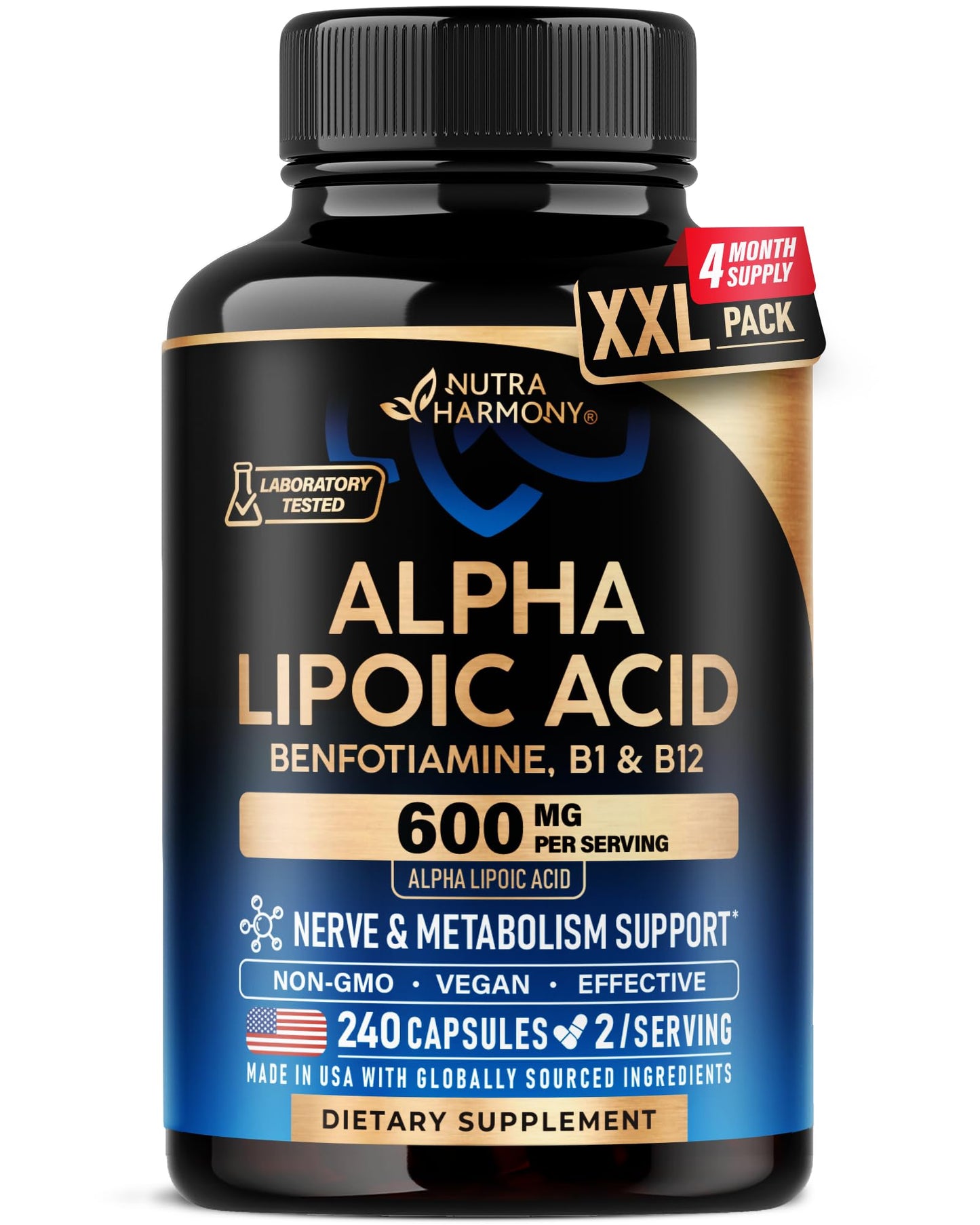 Alpha Lipoic Acid 600mg - ALA Supplement Antioxidant for Nerve, Energy & Metabolism Support - Extra Strength with Benfotiamine, B1 & B12 - Lab Tested, NON-GMO & Vegan - 120 Capsules, 2 Month Supply