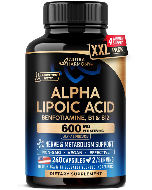 Alpha Lipoic Acid 600mg - ALA Supplement Antioxidant for Nerve, Energy & Metabolism Support - Extra Strength with Benfotiamine, B1 & B12 - Lab Tested, NON-GMO & Vegan - 120 Capsules, 2 Month Supply