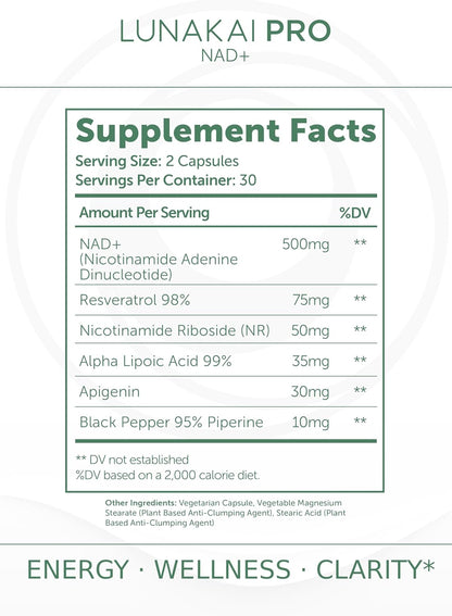 Lunakai USA Made Dual-Pathway NAD+ Formula with NR & Resveratrol – Natural NAD Supplement for Women & Men – Healthy Aging & Cellular Health Support, 60ct