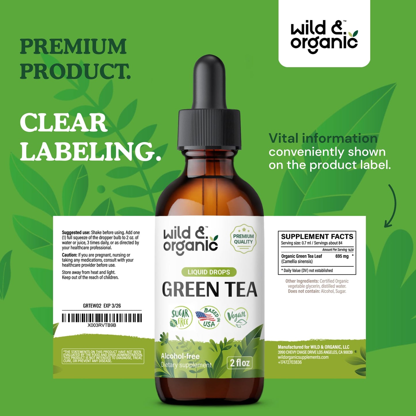 Wild & Organic Green Tea Extract Liquid Drops - Antioxidant Support - Pure Green Tea Supplement - 84-Day Supply - Vegan, Sugar & Alcohol-Free Camellia Sinensis Tincture - 4 fl oz